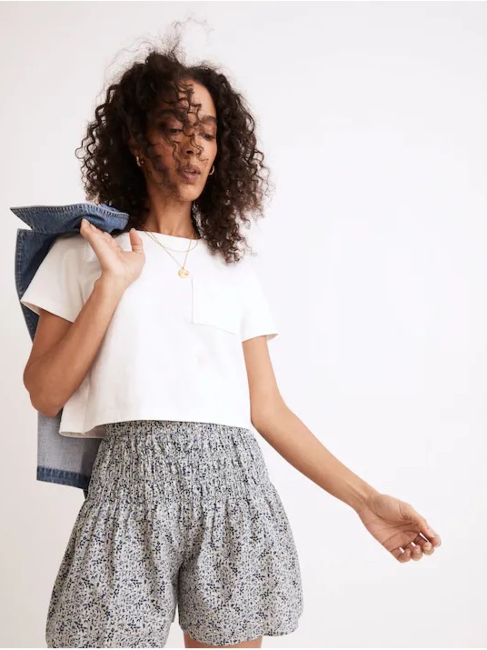Madewell High Waist Floral Smocked Shorts in White and Black
